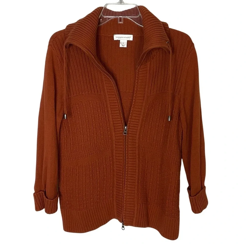 Christopher & Banks Women's Medium Orange Ribbed Zip‎ Up Knit Sweater Jacket